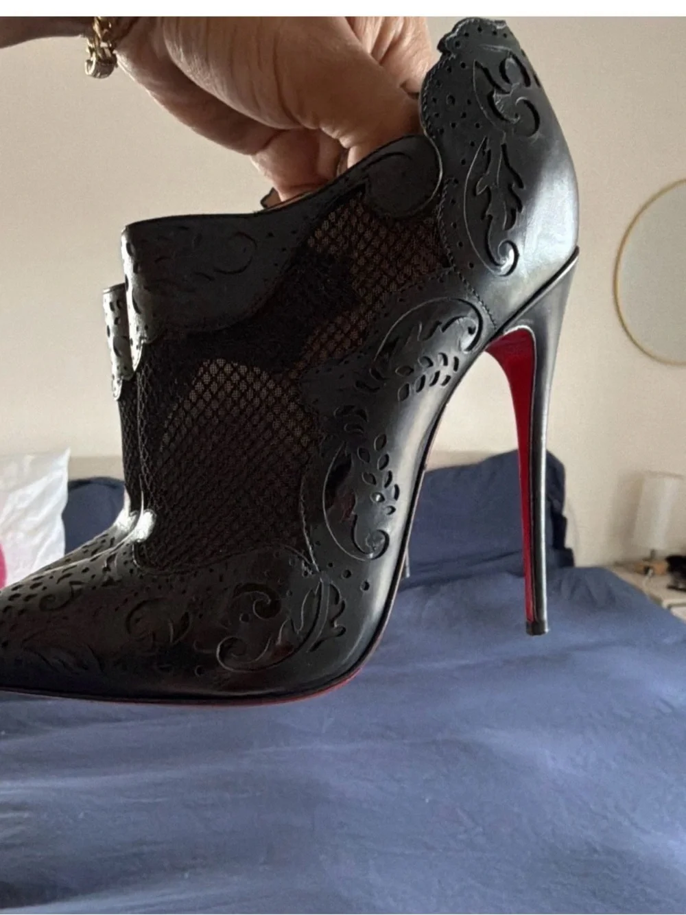 Christian Louboutin Black Embossed Mesh Ankle Heels with Signature Red Sole